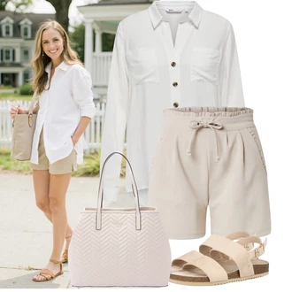 Outfit s Béžová/Hnědá/Khaki Pytlovitý Šortky/Teplákové šortky/Chino kraťasy/Lněný kraťas/Šortky/Mušelínové Šortky/Bermuda/Papírové Šortky JdY, Béžová/Hnědá About You "Vzhled casual"