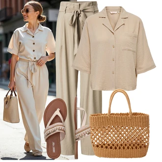 Outfit s Béžová/Khaki/Hnědá Blůza s knoflíčkem/Lněná Halenka/Oversize Halenka/Manšestrová Halenka/Halenka s Krátkým Rukávem/Tunikové Tričko/Otevřená Halenka/Halenka S 3/4 Rukávem Only "Výrazný letní vzhled"