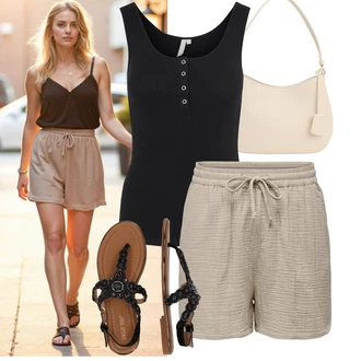 Léto Outfit s Šedá/Béžová/Hnědá/Khaki Košile Mušelínové Šortky/Lněný kraťas Only "Výrazný letní vzhled"