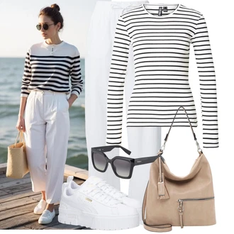 Outfit s Bílá/Krémová Dlouhá Kalhoty/Lněné Kalhoty/Tradiční Kalhoty/Domácí Kalhoty/Navlékací Kalhoty/Plyšová Kalhoty/Pyžamová Kalhoty/Bavlněná Kalhoty/Relaxační kalhoty/Žerzejová Kalhoty/Mušelínové kalhoty VERO MODA "Výrazný letní vzhled"