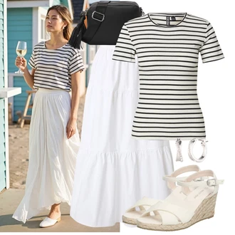 Outfit s Krémová/Béžová/Bílá Sandál na klínku/Espadrilka s klínovým podpatkem/Letní Bota/Bota Na Klínku/Korkový sandál na klínku/Espadrille sandál About You "Výrazný letní vzhled"