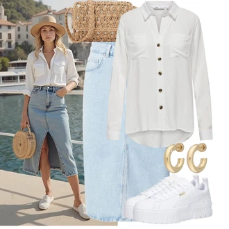 Dlouhé Outfit s Šedá/Krémová/Bílá/Khaki Blůza s knoflíčkem/Halenka s Dlouhým Rukávem/Blůza s nášivkou na lokti Only "Výrazný letní vzhled"
