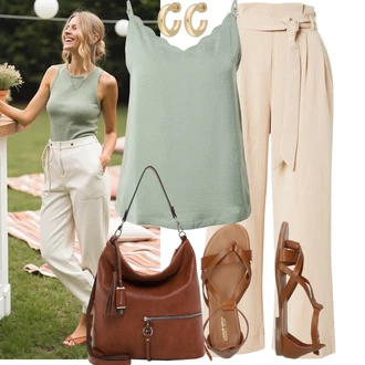 Outfit s Hnědá/Béžová Sandál S T Páskem/Vintage sandál/Páskový Sandál/Gladiátorská sandála/Římská sandála/Letní Bota About You "Výrazný letní vzhled"