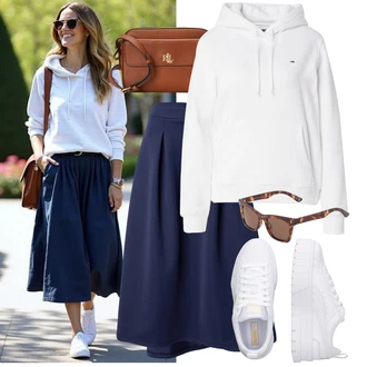 Léto Outfit s Hnědá/Červená/Zlatý Polo Ralph Lauren, Šedá/Bílá Teniska na platformě/Nízká Teniska Puma "Praktický vzhled"