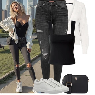 Dlouhé Outfit s ?erná/Sv?tle ?edá/Tmav? ?edá/?edá Ko?ená bunda/Ko?ené bundy/Motorká?ské D?íny/D?íny s Dírou/D?íny s Rozparkem Only "Letní Outfit"