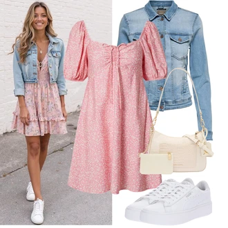 Outfity pro zábavu Od 40 let s Světle modrá/Modrá Krátké Džínové Bundičky/Vintage Bund/Džínové Bund Only, Růžová/Červená Edited, Béžová/Bílá/Růžová Bagetová taška/Klasická Taška Přes Rameno/Taška Přes Rameno/Dopisová peněženka/Malá Taška/Brašna/Sportovní Taška Přes Rameno Steve Madden "Tenue pour l'été"
