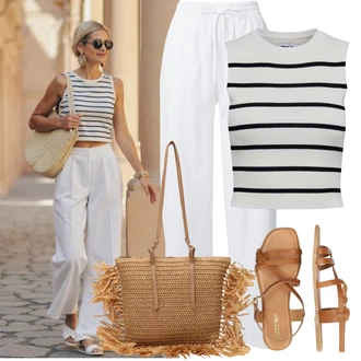 Outfit s Bílá/Krémová Dlouhá Kalhoty/Lněné Kalhoty/Tradiční Kalhoty/Domácí Kalhoty/Navlékací Kalhoty/Plyšová Kalhoty/Pyžamová Kalhoty/Bavlněná Kalhoty/Relaxační kalhoty/Žerzejová Kalhoty/Mušelínové kalhoty VERO MODA "Letní Outfit"