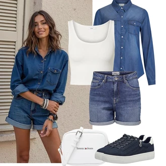 Dlouhé Outfit s Tmavě modrá/Modrá/Světle modrá Džínsová Blůza Vila, Bílá/Šedá/Krémová Pásková taška/Taška/Klasická Taška Přes Rameno/Dopisová peněženka/Malá Taška/Taška na telefon/Brašna/Sportovní Taška Přes Rameno Tommy Jeans "Tenue pour l'été"