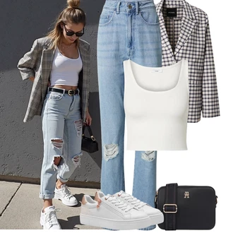 Dlouhé Outfit s Šedá/Fialová Nezařazené monki, Světle modrá/Modrá Džíny s Rozparkem/Vintage džíny/Džíny s Dírou/Girlfriend Džíny/Patchworkové Džíny/Dad Džíny/Kožené bundy Vila "Tenue pour l'été"