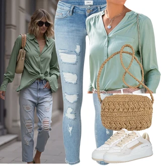 Outfit s Tyrkysový/Zelená/Světle modrá/Světle zelená Blůza s knoflíčkem/Dlouhá Halenka/Halenka S 3/4 Rukávem/Slip-on Halenka/Kožená bunda/Halenkový Top/Tunikové Tričko/Jednobarevná Halenka/Klasická tunika Lascana "Tenue pour l'été"