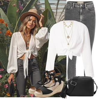 Dlouhé Outfit s Bílá/Růžová/Krémová Zavinování Halenka/Mušelínová Halenka/Carmen Blůza/Halenkové Body/Zavazovací Halenka/Halenka s Mašlí LENI KLUM x ABOUT YOU "Tenue pour l'été"