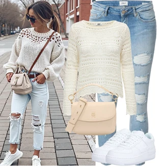 Dlouhé Outfit s Khaki/Červená/Béžová/Bílá/Krémová Sveter Háčkovaný svetr/Svetr s Výstřihem JdY "Tenue pour l'été"