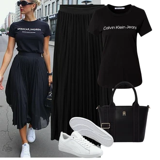Léto Outfit s Černá Maxi sukně/Dlouhá Sukně/Křesťanská Sukně/Vintage sukně maxi/Sukně Pro Matriku/Slavnostní Maxi Sukně/Plisovaná sukně Only, Černá/Hnědá Mužské běžecké boty/Neformální tričko/Fancy tričko/Funkční tričko/Vtipné tričko/Košile s potiskem/Tričko s krátkým rukávem/Sportovní tričko/Tričko s nápisem Calvin Klein, Šedá/Krémová/Bílá Úzká teniska/Kožené tenisky/Nízká Teniska Puma "Outfit na Léto"