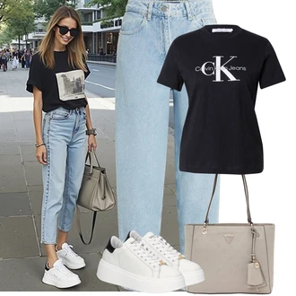 Outfit s Bílá/Krémová/Oranžová Teniska na platformě/Kožené Tenisky/Nízká Teniska/Úzká Teniska/Tenisky s Bočním Zipem/Teniska teddy/Chunky Tenisky twinset "Tenue pour l'été"