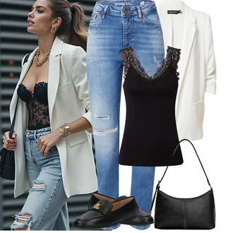 Outfity pro léto s Černá/Hnědá Halenka Bez Rukávů/Krajkované tričko/Krajkový Top/Top Na Party/Pánské boty Pieces, Černá/Hnědá/Bílá Sportovní Taška Přes Rameno/Taška Přes Rameno/Klasická Taška Přes Rameno/Brašna Pull&Bear, Černá Mokasín/Trotteur Polo Ralph Lauren "Letní Outfit"