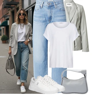 Nadrozměrné Outfit s Šedá/Bílá/Krémová Tričko/Jednoduchý top/Mužské běžecké boty/Neformální tričko/Tričko nadměrné velikosti/Košilový top/Tričko s krátkým rukávem/Krátký top Only "Tenue pour l'été"Look: Klasické, Cool, Nadrozměrné, Bezešvé, Skromné