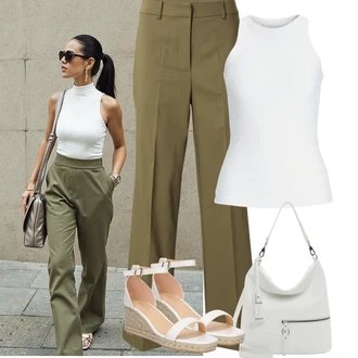 Outfit s Krémová/Hnědá/Béžová/Bílá Letní Bota/Bota Na Klínku/Sandál na klínku/Espadrilka s klínovým podpatkem/Korkový sandál na klínku/Espadrille sandál About You "Letní Outfit"