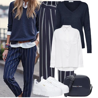 Dlouhé Outfit s Modrá/Tmavě modrá Sveter Kašmírový Svetr/Jednoduchý Svetr/Svetr s V-výstřihem/Vlněný Svetr Vila "Tenue pour l'été"