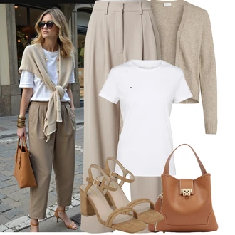 Dlouhé Outfit s Šedá/Hnědá/Béžová/Khaki Pletenina veľkej veľkosti Vila, Béžová/Hnědá/Bílá Malá Taška/Shopper taška/Sportovní Taška Přes Rameno/Taška Na Rameno Kazar "Tenue pour l'été"