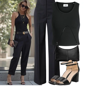 Vysoké Podpatky Outfit s Černá/Bílá/Hnědá Sandál Na Podpatku/Sandál s podpatkem/Sandál Na Širokém Podpatku/Přezková bota About You "Tenue pour l'été"