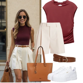 Outfity pro léto s Béžová/Khaki Košile Chino Kraťasy/Šortky/Vysoký pas Kraťasy/Mušelínové Šortky/Bermuda/Lněný kraťas/Papírové Šortky millane "Letní Outfit"