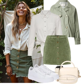 Dlouhé Outfit s Šedá/Khaki/Bílá/Béžová/Krémová Zavazovací Halenka/Halenka s Mašlí/Halenkové Body Only, Béžová/Bílá Taška Přes Rameno/Brašna/Malá Taška/Taška/Kancelářská Taška/Taška na Macbook/Průhledná taška/Obchodní Taška Tommy Jeans "Tenue pour l'été"