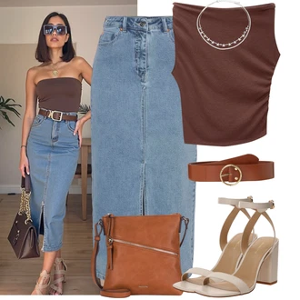 Outfity pro baculky Jaro s Světle modrá/Modrá Džínová vintage sukně/Džínová Sukně Buffalo, Hnědá/Béžová/Tmavě hnědá Ležérní pásek/Široký Opasek/Klasické Pásky/Pásek bez Přezky/Kožený Pásek levi's ® "Tenue pour l'été"