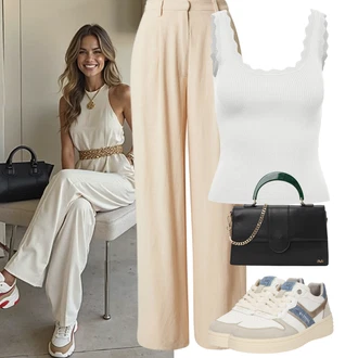 Outfit s Béžová/Oranžová/Hnědá/Khaki Plisovaná kalhoty/Kalhoty s Vysokým Pasem/Lněné Kalhoty/Marlene Kalhoty/Palazzo Kalhoty/Tradiční Kalhoty/Široká Kalhoty/Kalhoty s nášivkou uprostřed/Kalhoty se Štěrbinou/Mušelínové kalhoty Leger by Lena Gercke "Podzimní Outfity"