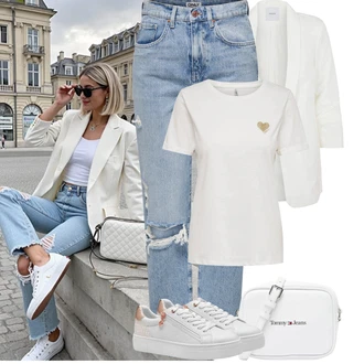 Outfity pro léto s Růžová/Bílá/Béžová/Hnědá Teniska se Třpytkami/Nízká Teniska/Teniska s dírkovaným vzorem/Teniska na platformě/Úzká Teniska/Kožené Tenisky/Letní Tenisky Tamaris "Letní Outfit"