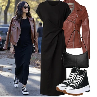 Outfit s Černá/Šedá Žerzejové Šaty/Dlouhé pletené šaty/Občanské šaty/Midi Šaty/Šaty S Rovným Střihem/Zavinovací Šaty/Šaty pro Svatebního Hosta Společenské šaty pro hosta/Šaty s Páskem/Šaty s Rozparkem Edited "Letní Outfit"