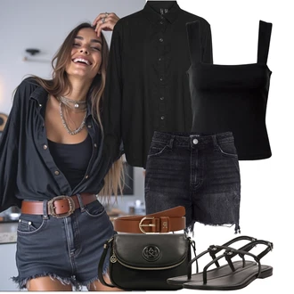 Dlouhé Outfit s Černá/Tmavě hnědá Halenka se Stojatým Límcem/Oversize Muselínová Blůza/Lněná Halenka/Blůza s nášivkou na lokti/Oversize Halenka/Dlouhá Halenka/Tunikové Tričko/Blůza s knoflíčkem VERO MODA, Černá/Růžová Taška Přes Rameno/Klasická Taška Přes Rameno/Malá Taška/Brašna/Sportovní Taška Přes Rameno Kazar "Tenue pour l'été"