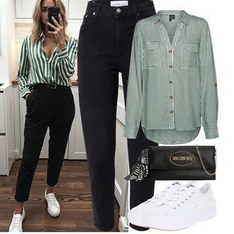 Outfity pro léto s Černá/Tmavě modrá/Modrá Mom Jean/Dámské Džíny s Délkou 7/8/Zimní bunda/High Waist Džínové Kalhoty/Termální Džíny/Kožená bunda/Zkrácené Džíny/Džíny Regular Fit/Kožené Boty/Zužující se Džíny/Slim Fit Džíny Calvin Klein, Černá/Hnědá/Krémová/Zelená/Růžová/Fialová Ledvinka/Bagetová taška/Klasická Taška Přes Rameno/Dopisová peněženka/Malá Taška/Sportovní Taška Přes Rameno Love Moschino "Letní Outfit"
