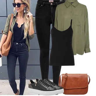 Dlouhé Outfit s Černá/Tmavě modrá Džínové Legíny/Jeggings/Push up Kalhoty/Skinny Kalhoty Only, Hnědá/Béžová Bagetová taška/Taška/Klasická Taška Přes Rameno/Taška Na Notebook/Kancelářská Taška/Brašna/Sportovní Taška Přes Rameno About You "Tenue pour l'été"