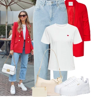 Elegantní Outfit s Červená/Tmavě červená Oversize Sako/Boyfriend Sako/Dlouhý Sako/Teplákový blejzr/Kožená bunda pro muže Pieces "Tenue pour l'été"Look: Univerzitní, Cool, Elegantní, Burleska, Disko