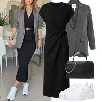 Outfit s Černá/Šedá Žerzejové Šaty/Dlouhé pletené šaty/Občanské šaty/Midi Šaty/Šaty S Rovným Střihem/Zavinovací Šaty/Šaty pro Svatebního Hosta Společenské šaty pro hosta/Šaty s Páskem/Šaty s Rozparkem Edited "Podzimní Outfity"