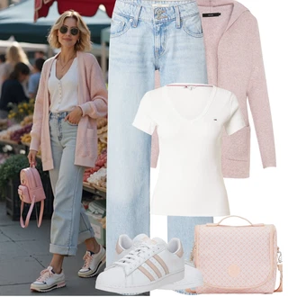 Outfity pro zábavu Od 40 let s Růžová/Fialová/Hnědá Pletenina veľkej veľkosti/Mikina VERO MODA, Růžová/Bílá/Krémová Tričko/Jednoduchý top/Mužské běžecké boty/Neformální tričko/Fancy tričko/Funkční tričko/Pletené tričko/Síťované tričko Tommy Jeans, Růžová/Zlatý Shopper/Women's Cosmetic Bags/Plenková taška/Taška Na Notebook/Taška na Macbook/Taška Na Notebook/Brašna/Cestovní Taška Kipling, Bílá/Světle šedá/Růžová/Šedá/Zlatý Kožené tenisky/Nízká Teniska/Úzká teniska/Letní tenisky/Vintage teniska/Nezařazené Adidas Originals "Tenue pour l'été"