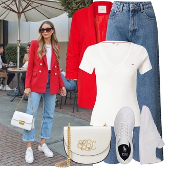 Elegantní Outfit s Červená/Tmavě červená Oversize Sako/Boyfriend Sako/Dlouhý Sako/Teplákový blejzr/Kožená bunda pro muže Pieces "Tenue pour l'été"Look: Univerzitní, Cool, Elegantní, Burleska, Disko