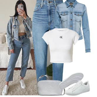 Old Money Style s Šedá/Krémová/Bílá Úzká teniska/Kožené tenisky/Nízká Teniska Puma, Bílá/Zelená/Khaki/Tyrkysový Zkrácený Top/Krátký Top/Tričko s krátkým rukávem Calvin Klein "Letní Outfit"