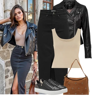 Outfity pro léto s Černá/Červená Bunda z Umělé Kůže/Motorkářská bunda/Motorkářské Bund/Kožené Bund Only, Černá/Béžová Teniska se Třpytkami/Úzká teniska/Kožené tenisky/Teniska s dírkovaným vzorem/Nízká Teniska/Tenisky s Bočním Zipem/Teniska na platformě Tamaris "Podzimní Outfity"