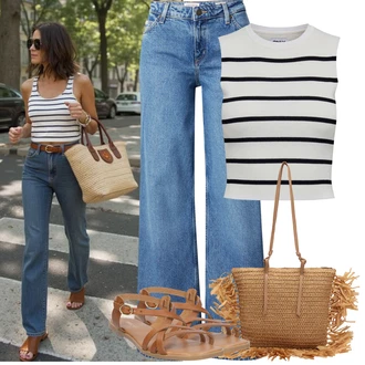 Basketbal Outfit s Béžová/Žlutá Pletená taška/Prošívaná taška about you x kamila Šikl "Letní Outfit"Look: Pracovní, Jízda na koni, Volný čas, Basketbal