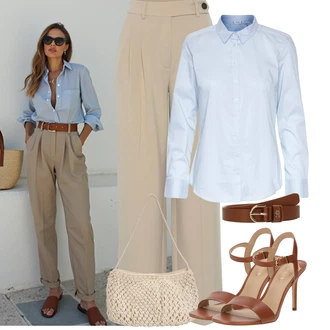 Dlouhé Outfit s Béžová/Khaki/Hnědá Plisovaná kalhoty/Marlene Kalhoty/Plisovaná Kalhoty/Palazzo Kalhoty/Kalhoty s nášivkou uprostřed/Culotte Kalhoty/Mušelínové kalhoty/Navlékací Kalhoty/Slinky Kalhoty Lascana, Světle modrá Žehlení odolná blůza/Halenka Slim Fit/Blůza s knoflíčkem/Halenka se Stojatým Límcem/Businessová Halenka/Slip-on Halenka/Halenka s Dlouhým Rukávem Fransa "Tenue pour l'été"