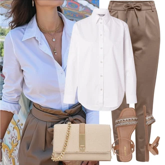 Outfit s Hnědá/Khaki/Šedá/Béžová/Fialová Kalhoty z Umělé Kůže/Navlékací Kalhoty/Slinky Kalhoty/Kalhoty s nášivkou uprostřed/Jogger Kalhoty/Mrkvová Kalhoty/Kožená Kalhoty Only "Letní Outfit"