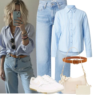 Outfit s Bílá/Béžová/Krémová/Khaki/Modrá Vintage Teniska/Letní Tenisky/Nízká Teniska/Teniska s dírkovaným vzorem/Úzká Teniska/Skate Bota/Kožené Tenisky Nike Sportswear "Tenue pour l'été"