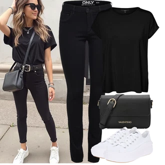 Outfity pro léto s Černá Jeggings/Skinny Kalhoty/Džínové Legíny/Tregíny Only, Černá Tričko/Jednoduchý top/Tričko s vodopádovým výstřihem/Funkční tričko/Síťované tričko/Tričko s krátkým rukávem/Krátký top/Sportovní tričko/Zavinovací Tričko VERO MODA "Letní Outfit"