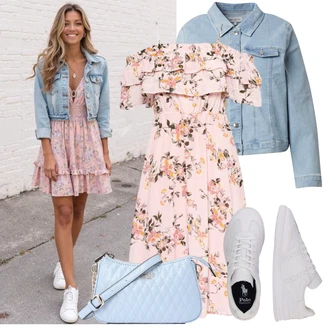 Outfity pro baculky Jaro s Růžová Šaty S Odhalenými Rameny/Letní Šaty/Šaty Carmen/Volánové šaty/Společenské šaty pro hosta/Šaty S Potiskem About You "Tenue pour l'été"