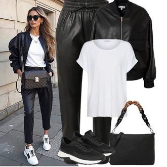 Outfity pro léto s Černá/Béžová Kožená Kalhoty/Kalhoty s nášivkou uprostřed/Vinylové kalhoty/Kalhoty z Umělé Kůže Oakwood, Černá Nezařazené Edited, Černá/Bílá/Žlutá Taška/Taška Přes Rameno/Brašna/Shopper taška/Sportovní Taška Přes Rameno Gianni Chiarini, Černá Šněrovací bota/Kožené tenisky/Nízká Teniska/Úzká teniska Kazar "Letní Outfit"