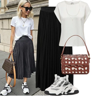 Oblečení se sukní Síťovina s Světle šedá/Bílá/Krémová/Šedá Chunky Tenisky/Teniska s dírkovaným vzorem Steve Madden "Letní Outfit"