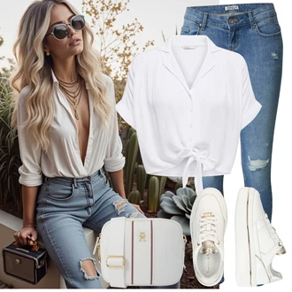 S nadýchanými rukávy Outfit s Šedá/Bílá/Krémová Halenka a Tunika/Halenka Móda Pro Plnoštíhlou Only "Tenue pour l'été"