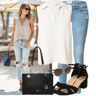 Outfit s Bílá/Béžová/Krémová/Khaki Pánské boty/Halenek top/Halenka Bez Rukávů/Košilový top VERO MODA "Volnočasový Outfit"