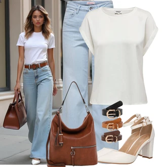 Outfit s Bílá/Krémová Letní Bota/Sandál s podpatkem/Pohodlná lodička/Boty Mary Jane/Sandál Na Širokém Podpatku/Přezková bota/Lodička s T-páskem/Sandál Na Podpatku/Vintage Lodička About You "Volnočasový Outfit"